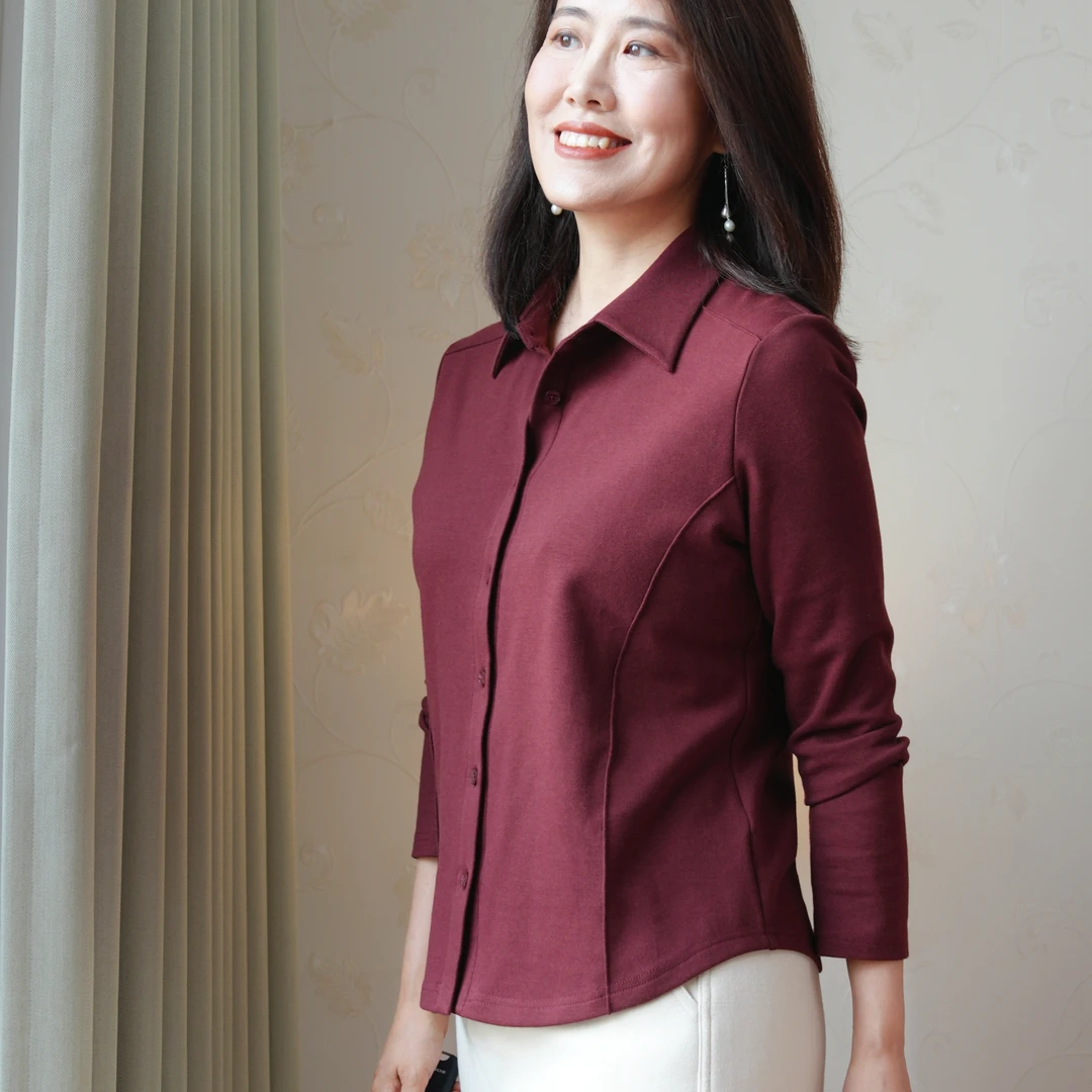 【蔚蓝姐优选】安可拉红黑两色弹力修身短款衬衫