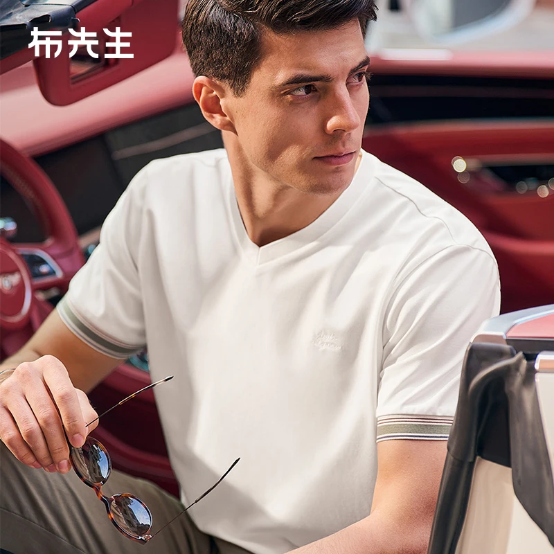 布先生V领短袖T恤男 初秋新品干爽透气套头时尚刺绣半袖AT12066