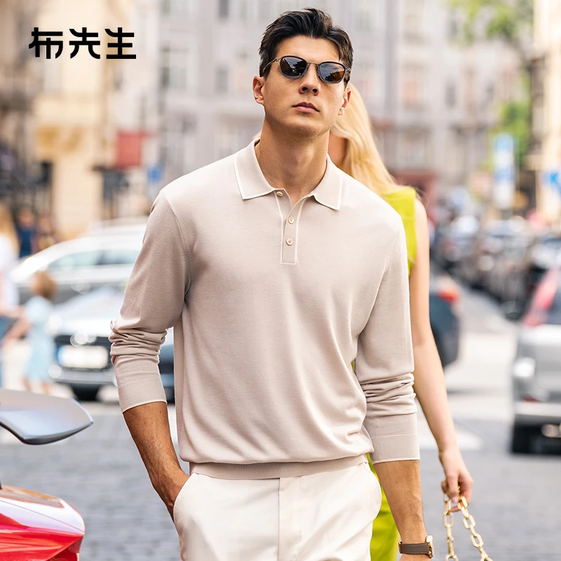 布先生春季翻领羊毛t恤男可机洗羊毛衫内搭男士长袖BT15361