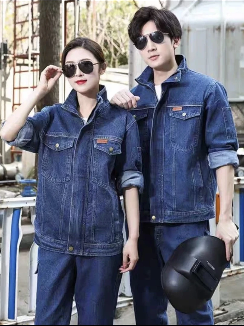 牛仔工作服套装电焊工服防烫加厚耐磨电网电厂工厂车间劳保立领男