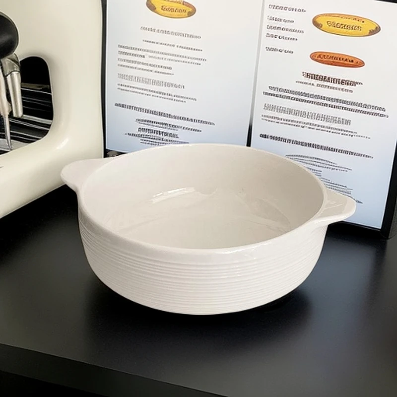 陶瓷双耳汤高级感汤碗简约白色条纹双耳碗10.5英寸带耳26.5cm