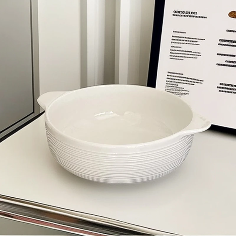 简约白色条纹双耳碗10.5英寸带耳26.5cm陶瓷双耳汤高级感汤碗