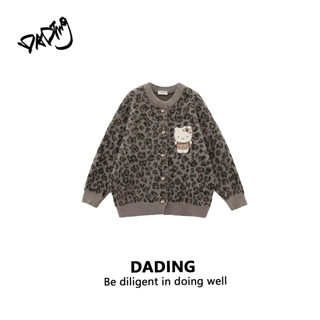 DD 冬季新款加厚撞色圆领毛衣开衫外套 井C98#豹纹A