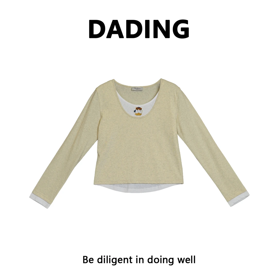 DD【小黄鸭】早秋新款立体刺绣薄款假两件小众长袖T恤200925