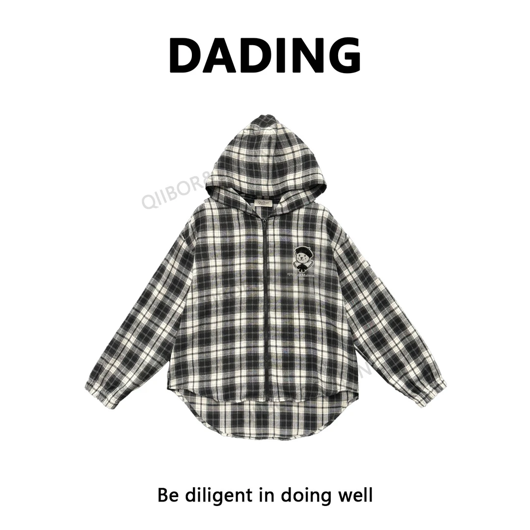 DD早秋新款宽松休闲格子衬衫连帽外套 200635