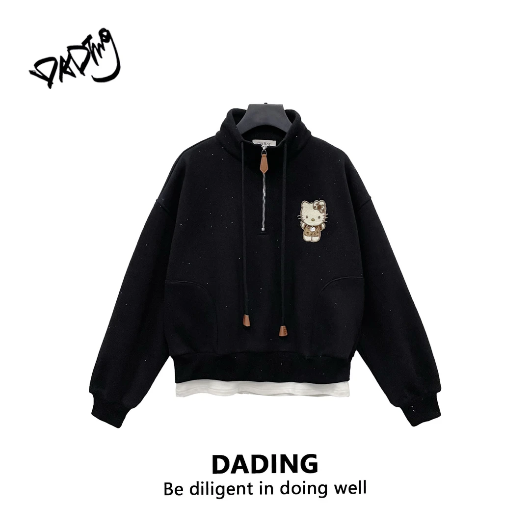 DADING  秋冬休闲简约立体卡通加绒加厚立领半拉链卫衣 201285