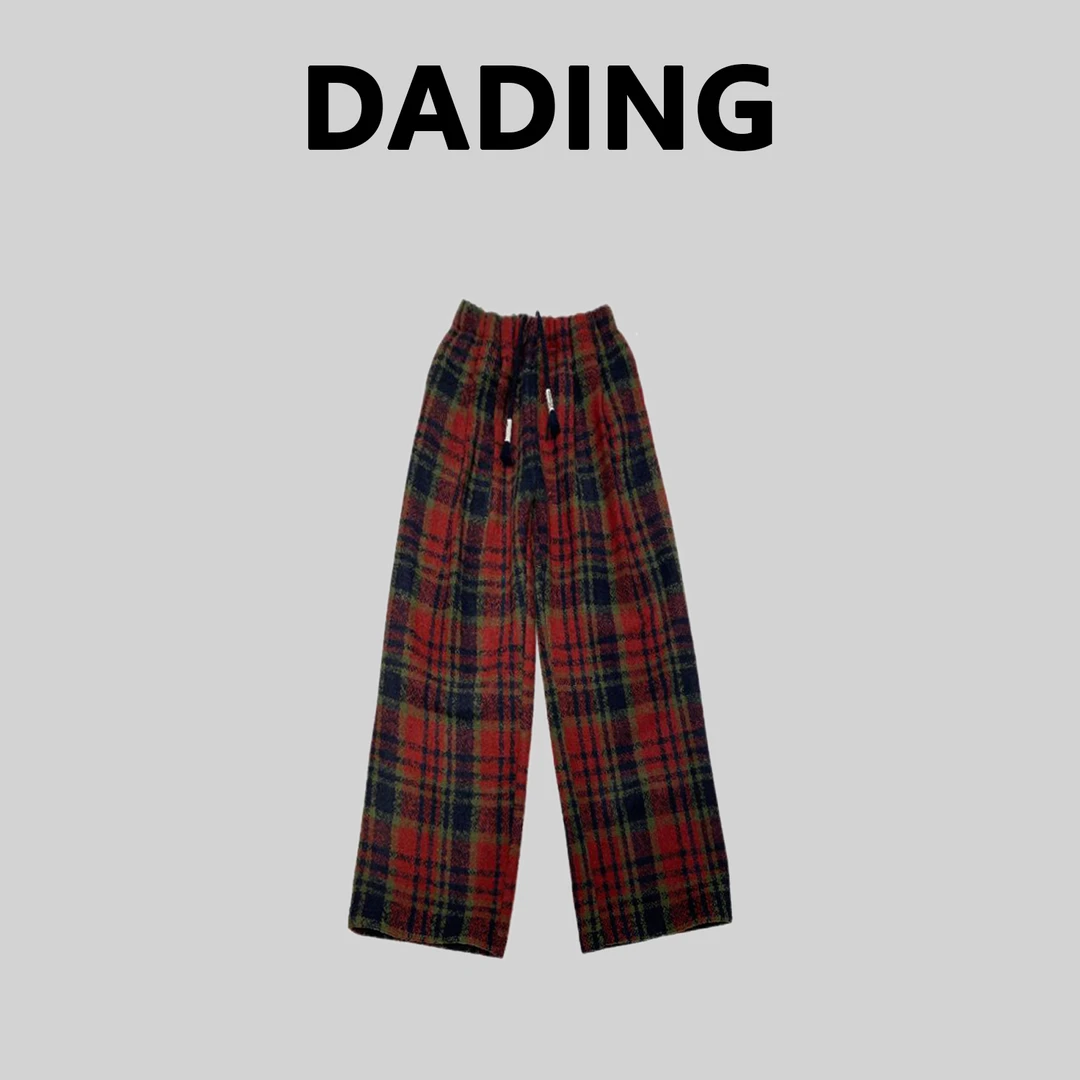 DD冬季新款加绒加厚复古抽绳休闲格纹直筒阔腿裤199991