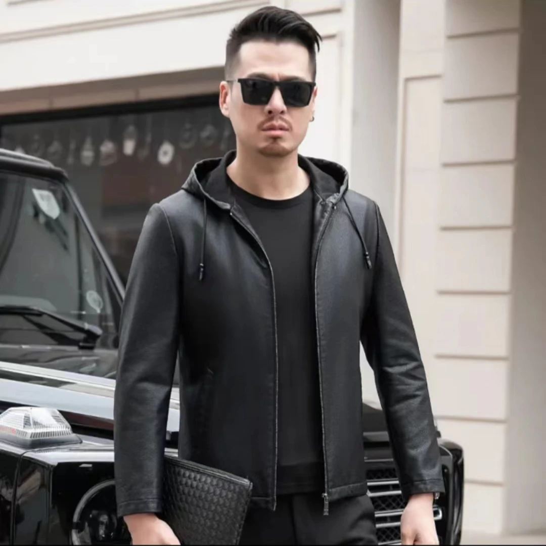 秋冬新款男士百搭连帽皮衣经典大气皮夹克男