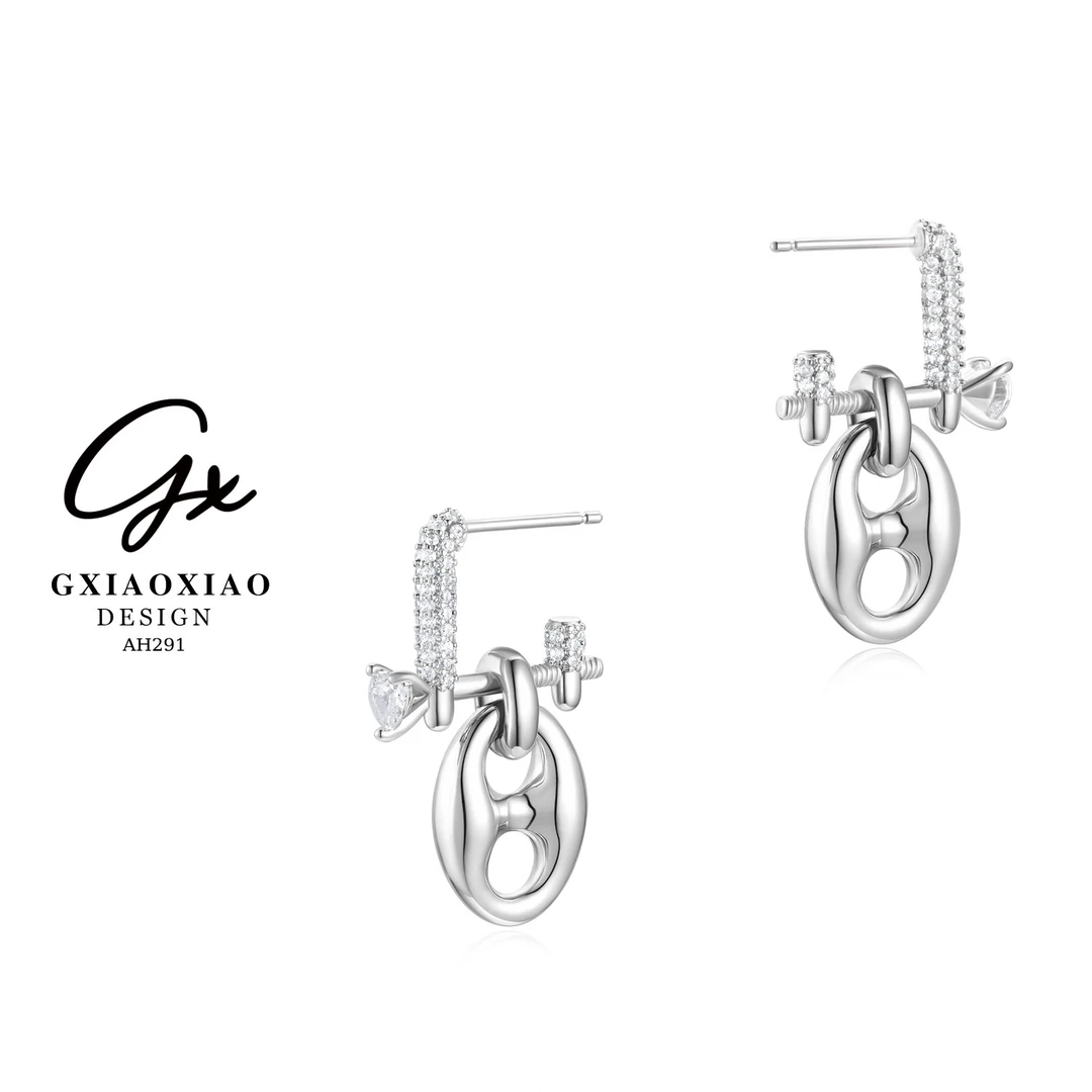 铜合金合成锆石耳饰 GXX 【未眠夜】法式设计师款猪鼻子耳环 AH291
