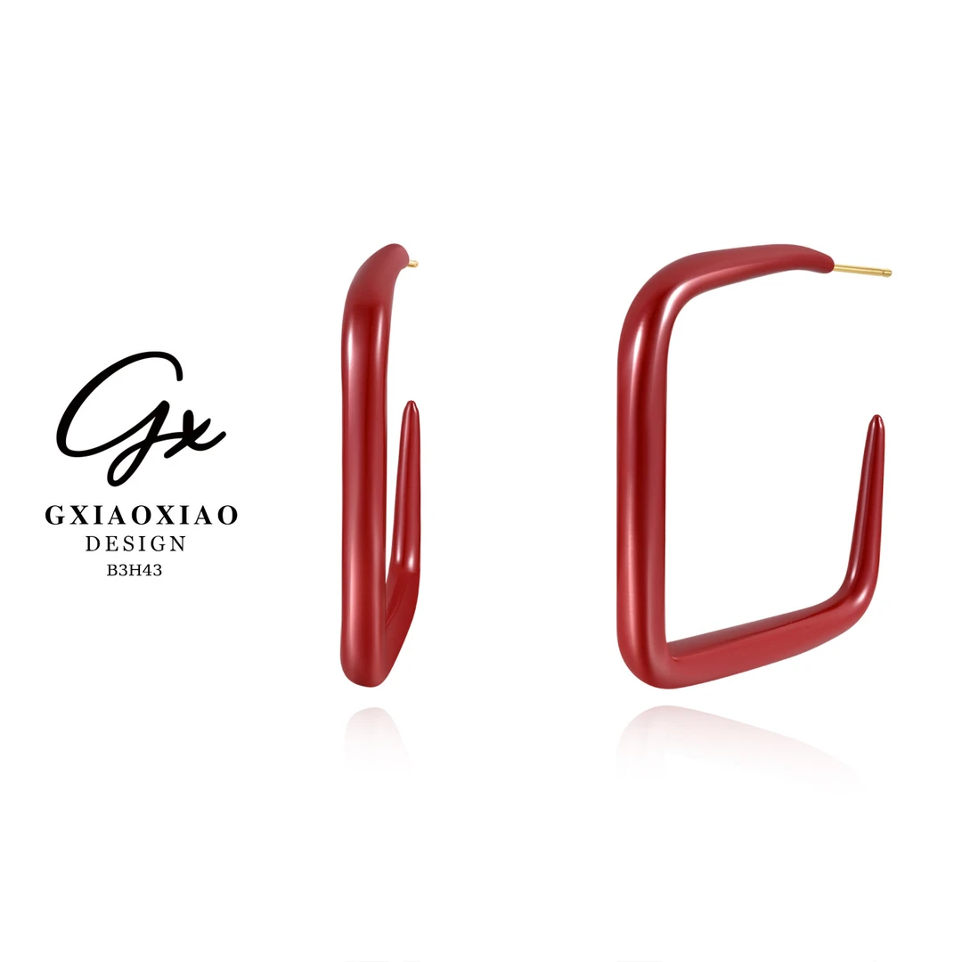 铜合金耳饰 GXX 港风气质复古方形简约红色耳环 B3H43