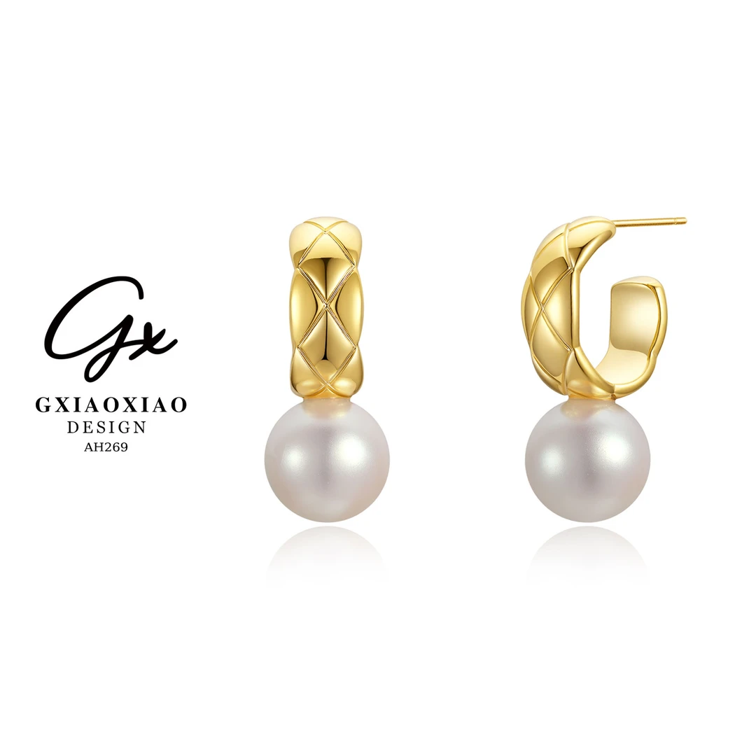 铜合金仿珍珠耳饰 GXX 【再见康桥】輕奢高級感菱格紋耳环 AH269
