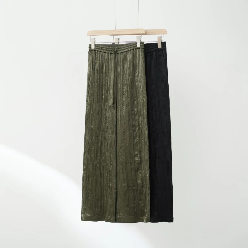 山涧--百白醋酸褶皱肌理垂感休闲高腰阔腿裤24123612