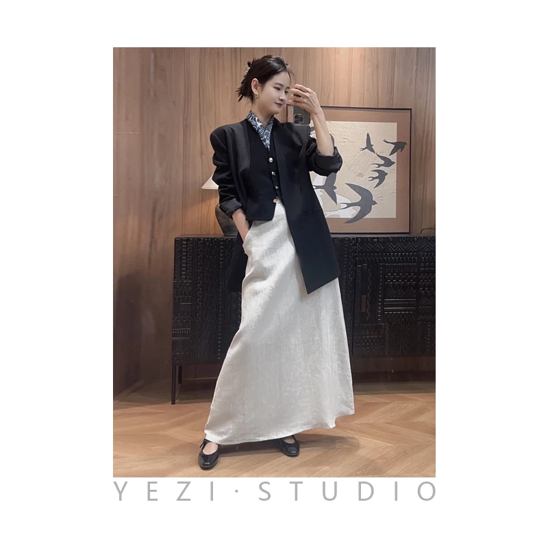 极简风高腰亚麻A字中长裙24121116