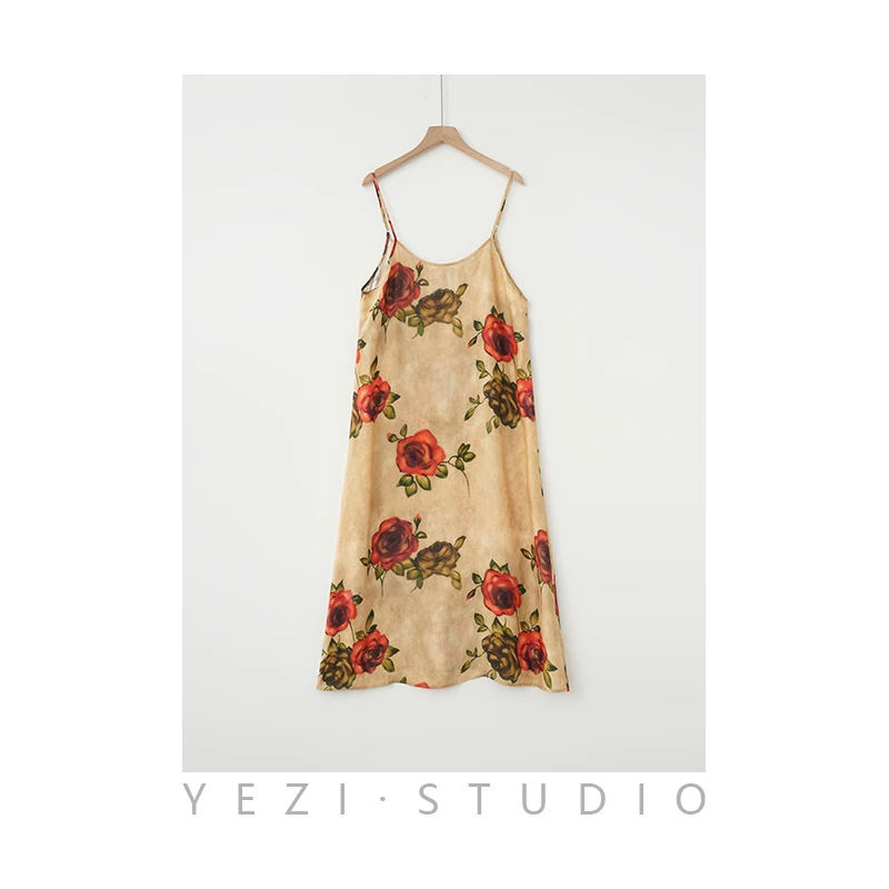 铜氨丝脏染印花水果玫瑰吊带连衣裙24131119
