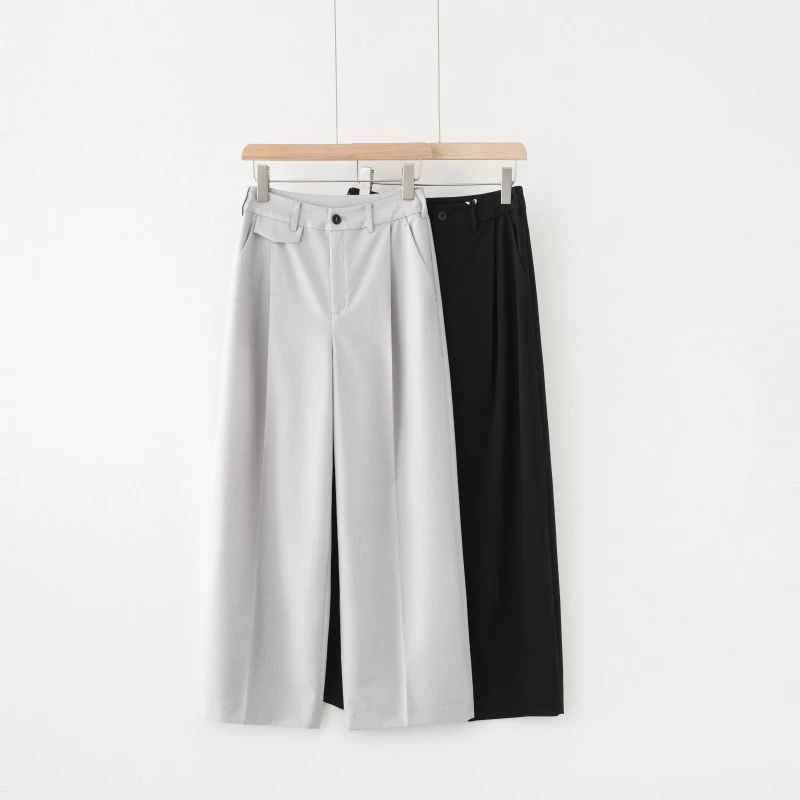 极简微茧型超薄羊毛混纺压褶休闲裤24123817