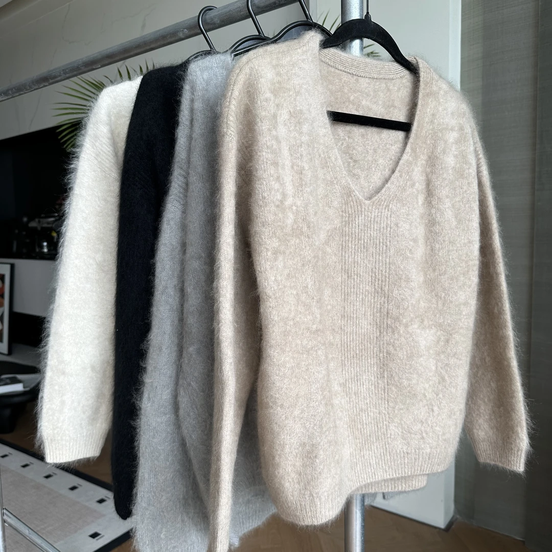 【折扣专区】356克高端拉毛羊绒V领廓形针织衫22319207