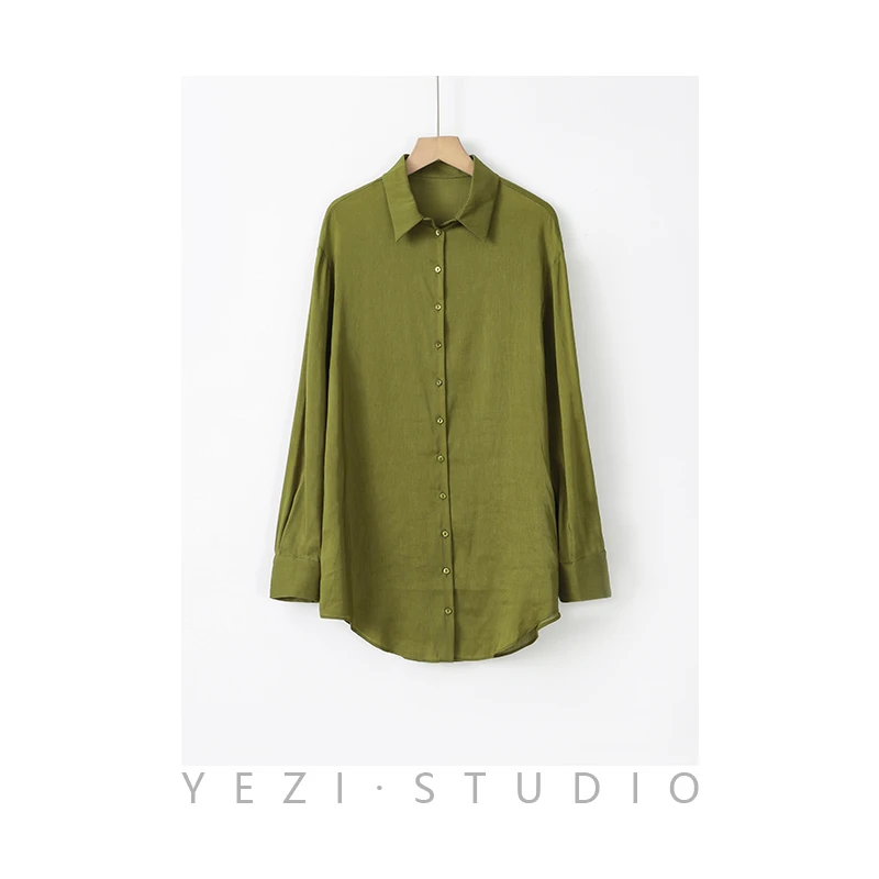 抹茶-绿系列定染臻丝亚麻落肩中长衬衫24116287