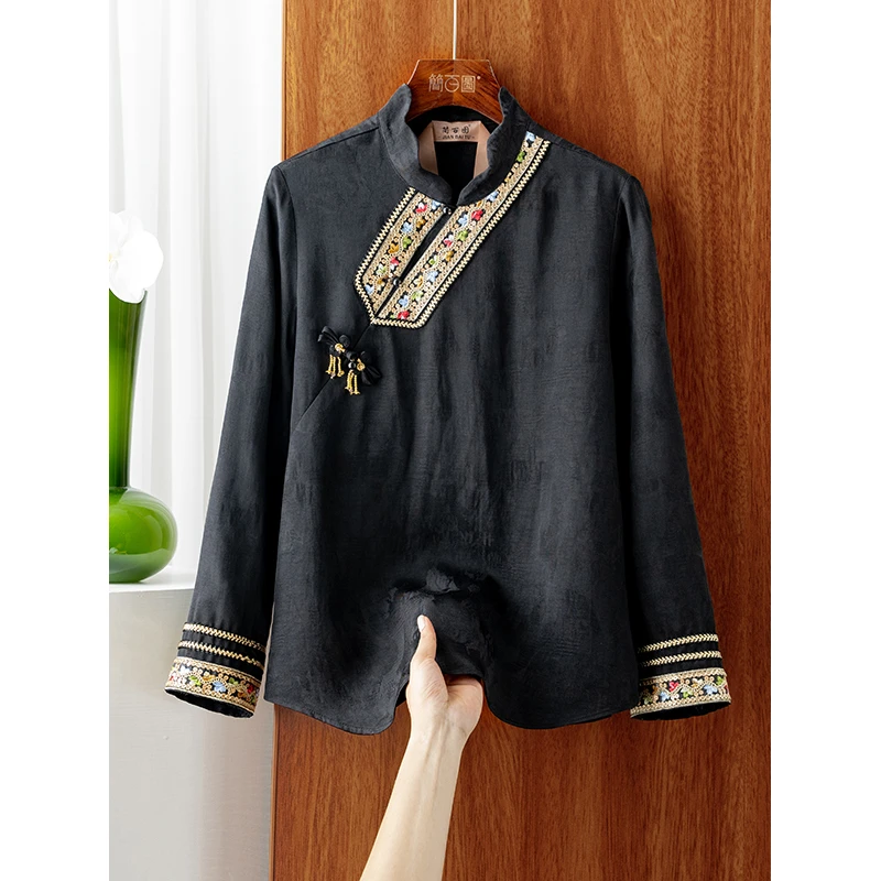 25盘扣花边立领提花加厚上衣手工刺绣织带国风提花缎面衬衫