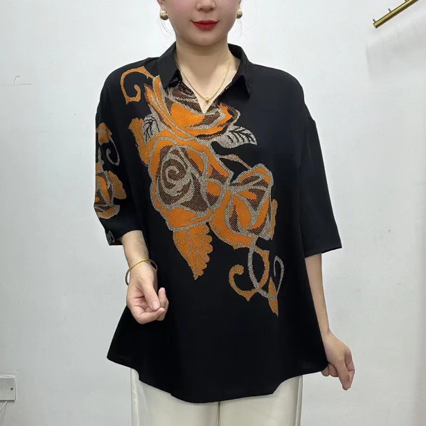 8379休闲大衫宽松大码妈妈装定位花上衣