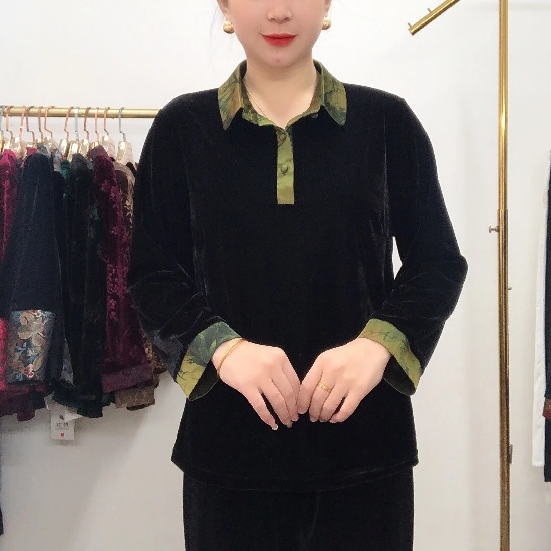 6606翻领丝绒小衫拼接衬衫宽松休闲妈妈装上衣长袖