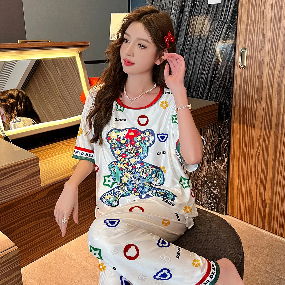 带胸垫夏季冰丝提花睡衣女短袖薄款三件套爆款卡通家居服夏天套装