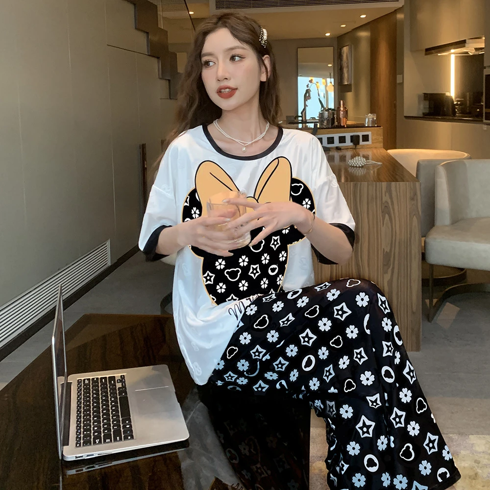 带胸垫夏季提花冰丝睡衣女短袖薄款三件套卡通家居服爆款套装夏天