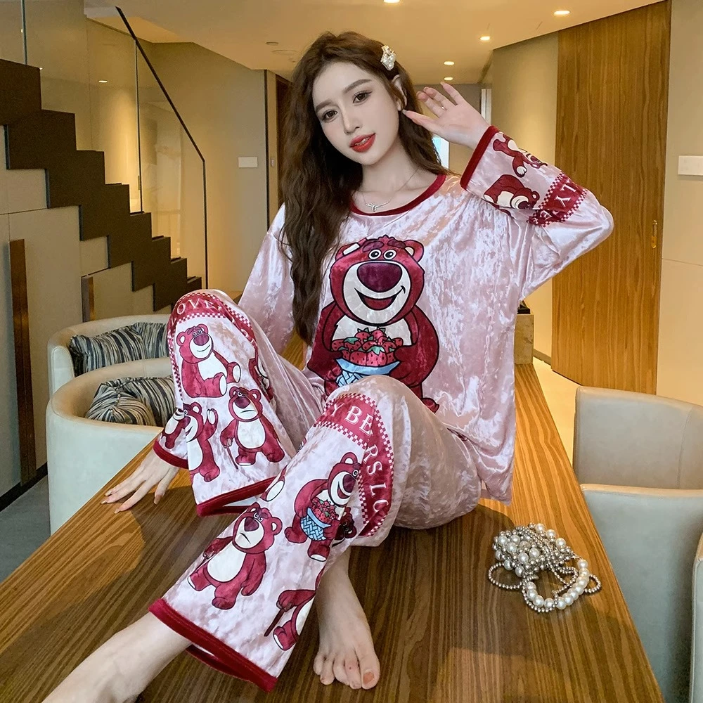 胖MM金丝绒睡衣女大码200斤宽松春秋季卡通家居服套装秋冬可外穿