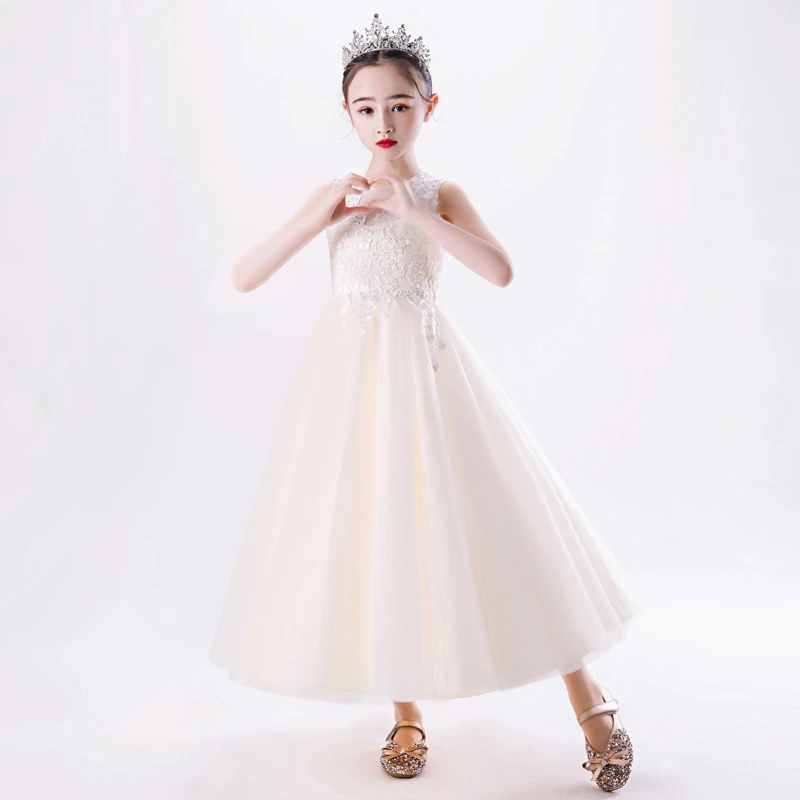 高端儿童礼服公主裙无袖袖洋气小女孩香槟色花童婚纱长裙六一主持