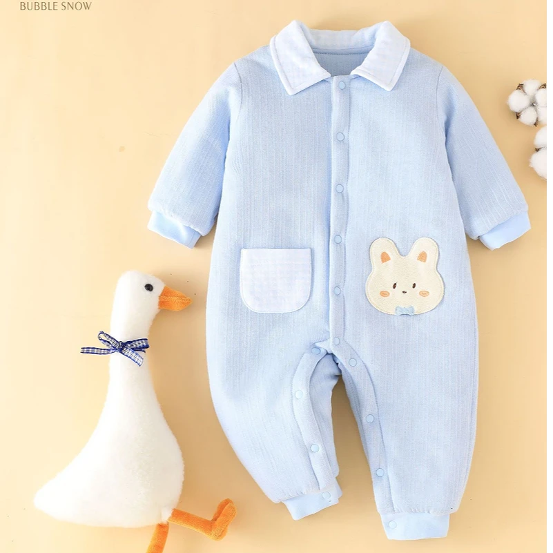 4A107婴儿棉服连体衣秋冬款加绒夹棉男女宝宝儿童哈衣爬服包屁衣