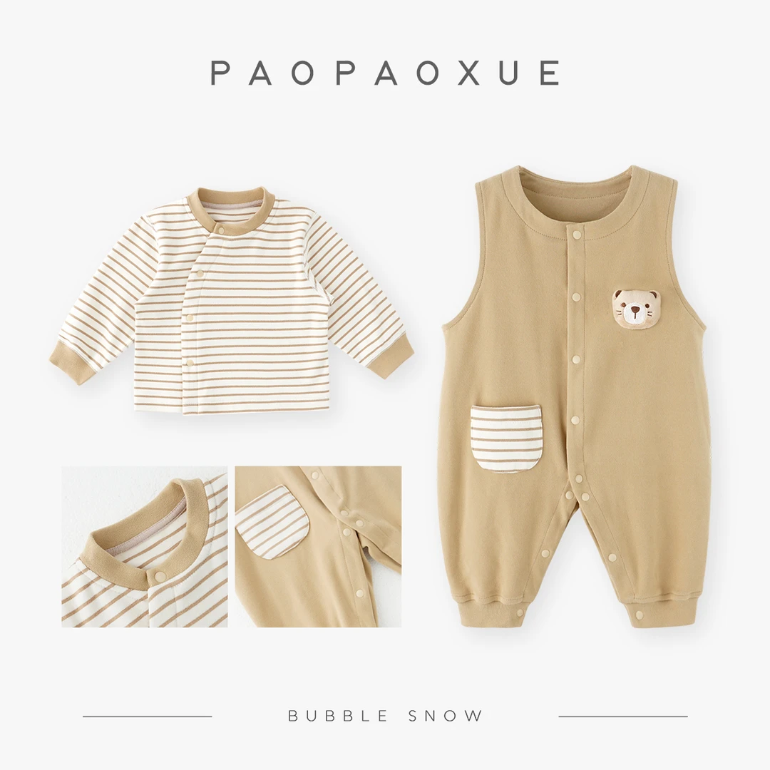 【泡泡雪】秋季新款儿童两件套新生男女童韩版长袖条纹小熊套25097d