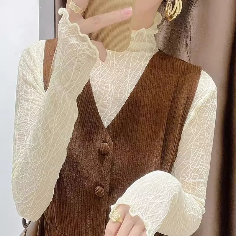 网纱高领蕾丝打底衫女秋冬新款韩版透视薄款长袖T恤毛衣内搭上衣