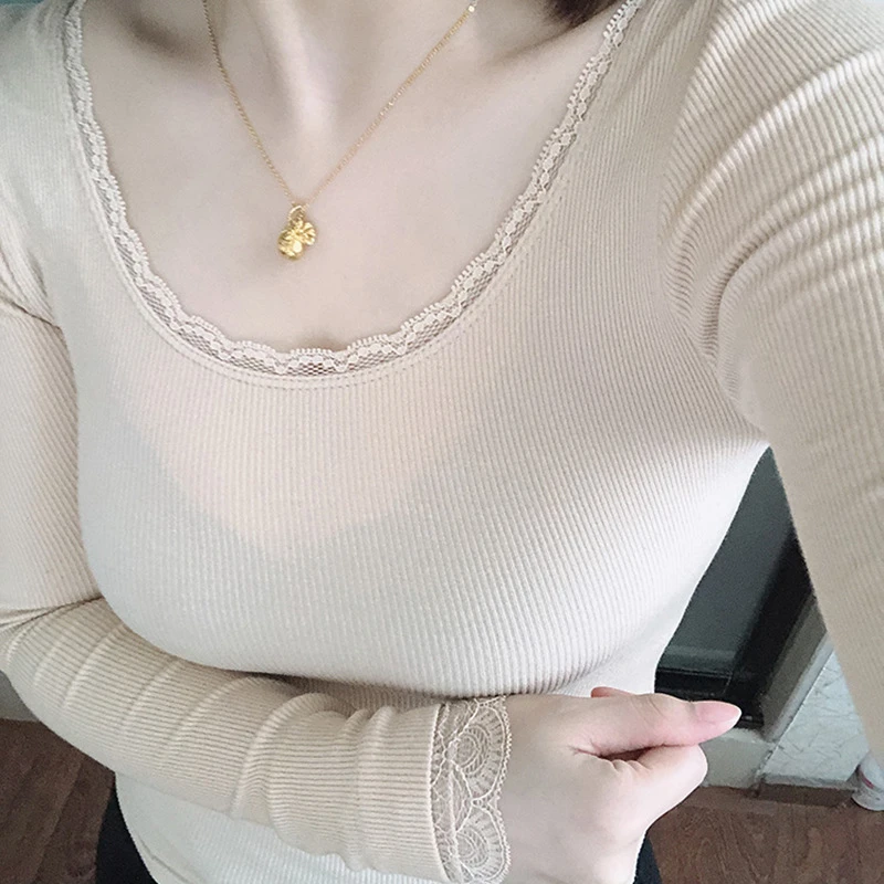 洋气低领蕾丝薄款保暖女神衣紧身长袖打底衫塑身收腹美体显瘦秋衣