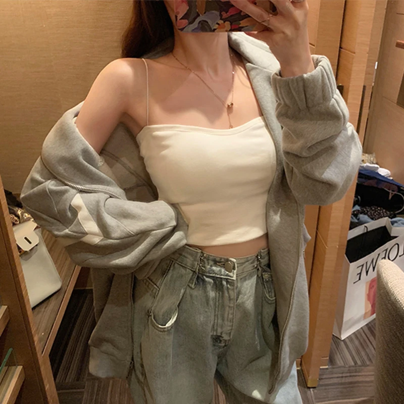 白色小吊带背心女内搭秋冬打底衫带胸垫性感短款修身无袖抹胸上衣