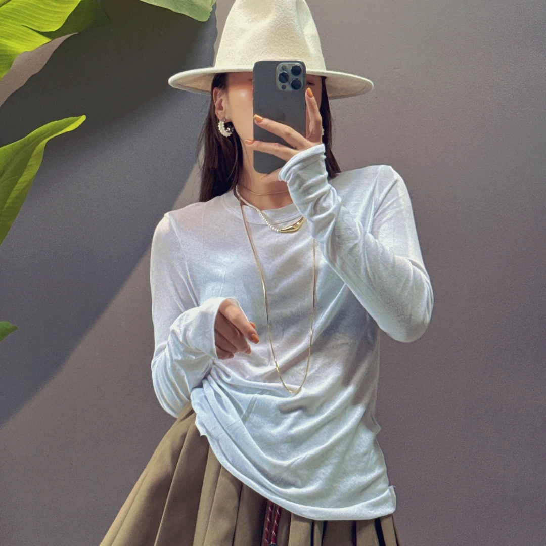 韩版主打新款高弹显瘦百搭圆领长袖拼接款打底T恤