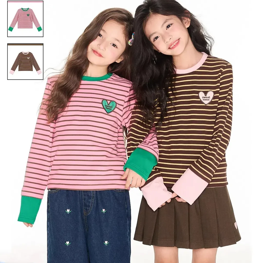 女童心动穿搭撞色条纹长袖T恤秋季两色爱心标修身打底衫t恤上衣