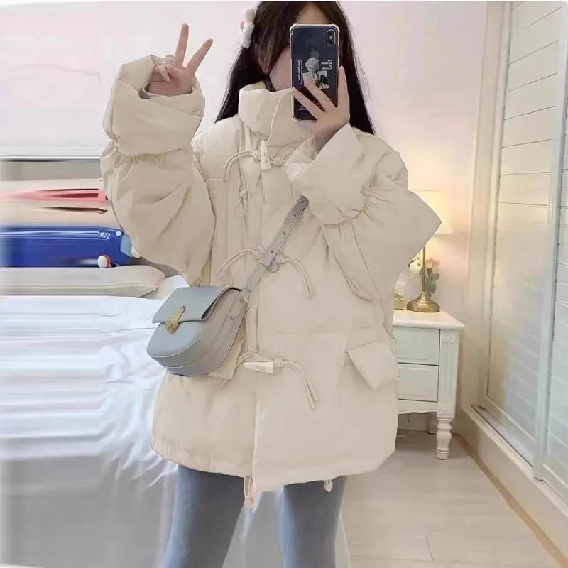 迹逅2023新款羽服女韩版宽松牛角扣面包服秋冬季厚外套女短小个款