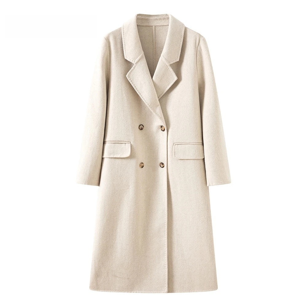 【高品质】005羊毛大衣女西装版中长款保暖秋冬驼色双面呢大衣