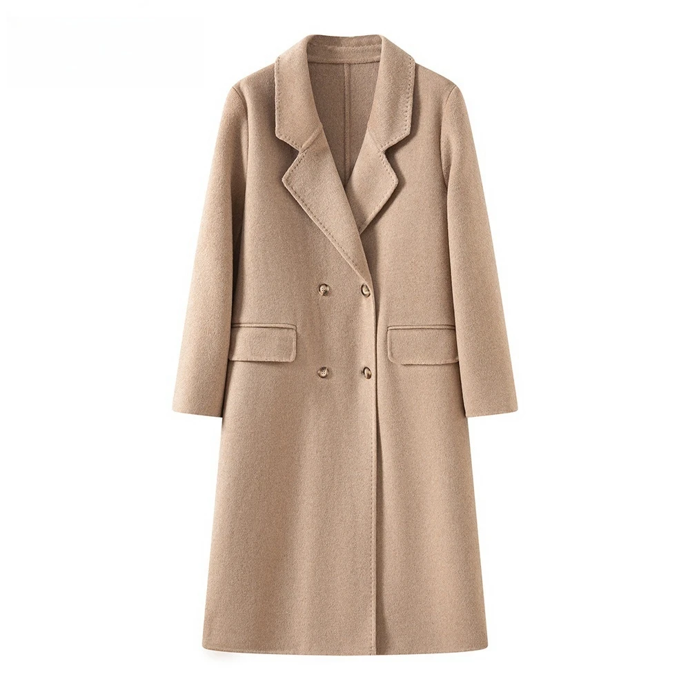 【扣子款】005羊毛大衣女装西装版宽松长款保暖时尚秋冬驼色双面呢