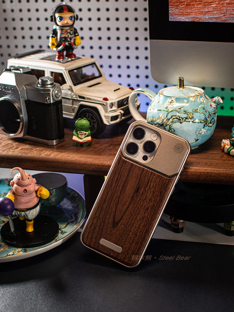 钢本熊适用iPhone16promax胡桃木香薰壳手机苹果14pro黑檀木防摔