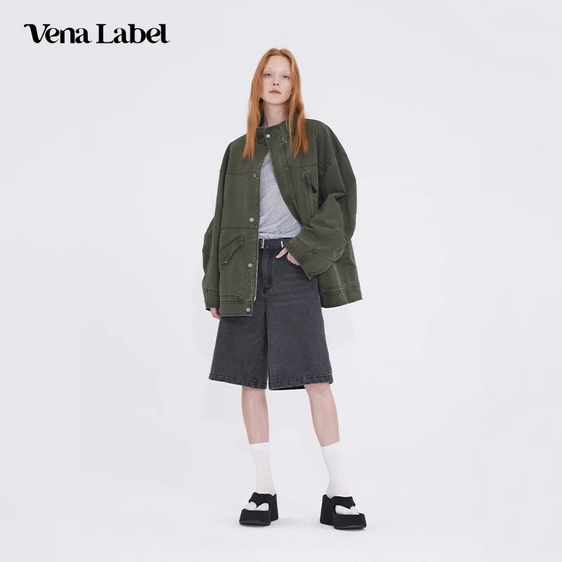VenaLabel 24春夏新款女装做旧水洗复古纯棉宽松黑色短裤女士