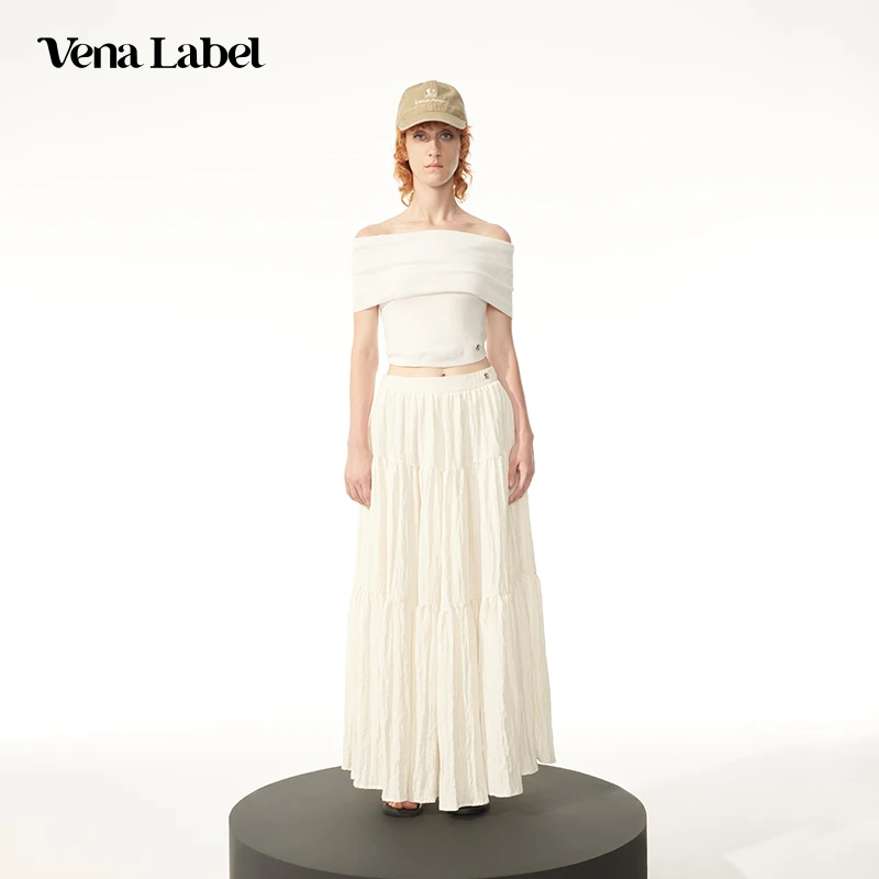 VenaLabel 肌理感分割褶皱纯色高级感长款半身裙女士