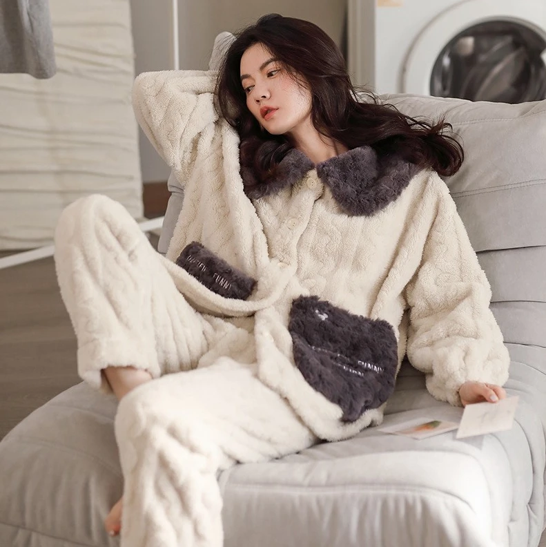 秋冬家居服简约长袖舒适保暖睡衣可外穿女袍套套装爆款加绒加厚