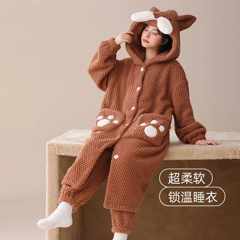 2025年秋冬爆款咖色可爱带帽睡衣长袖宽松显瘦无束缚外穿连帽袍套