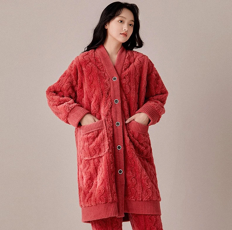 秋冬家居服简约长袖舒适保暖睡衣可外穿女袍套套装爆款加绒加厚