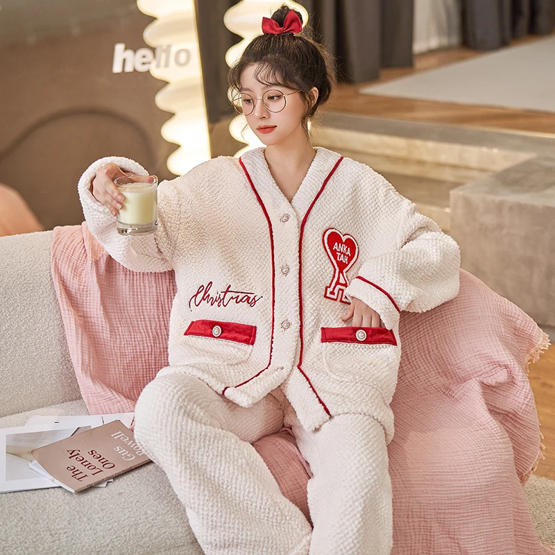 简雅睡衣女冬季保暖女士休闲套装秋冬新款加绒加厚家居服