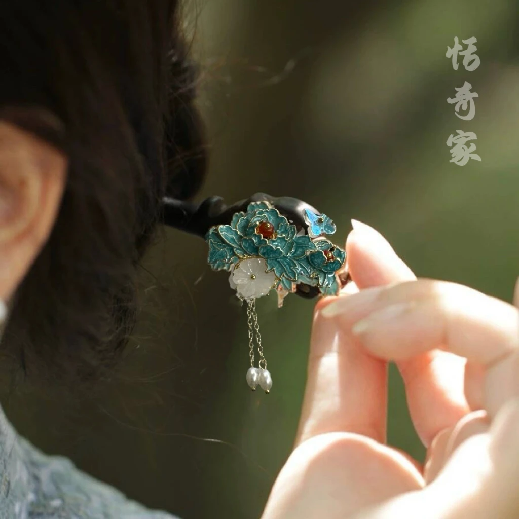 恬奇家a738“梨雪棠”高定牡丹花烧蓝发簪旗袍汉服原创设计日常百搭