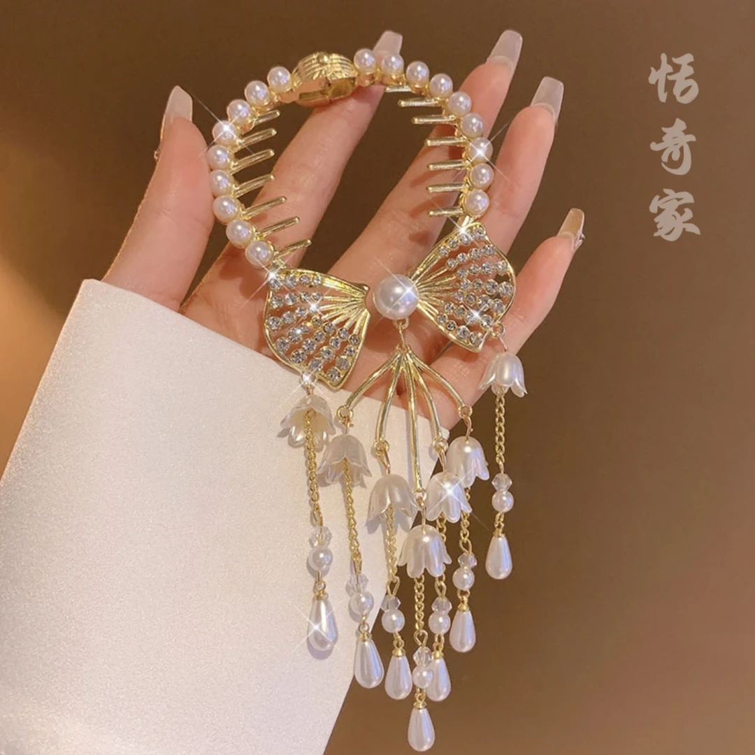 恬奇家a7100“蝶结铃兰”水钻蝴蝶结固发器抓夹马尾夹后脑勺流苏
