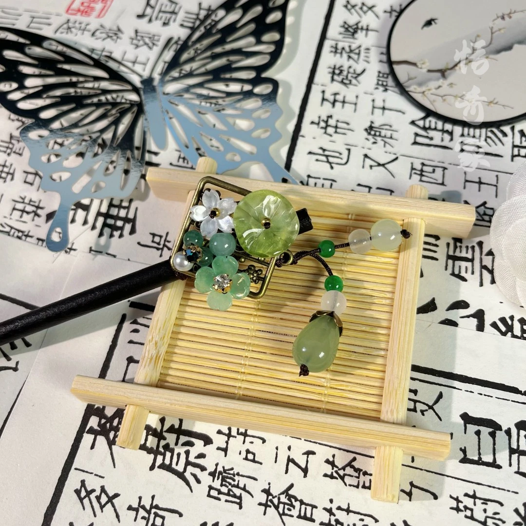 恬奇家a784“荷叶花花”手工编织木簪带珠珠流苏绿色清新古