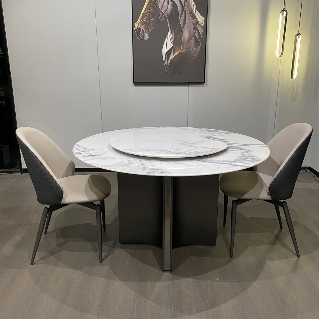 大理石圆桌带转盘意式极简现代高端设计师款大理石圆形餐桌椅
