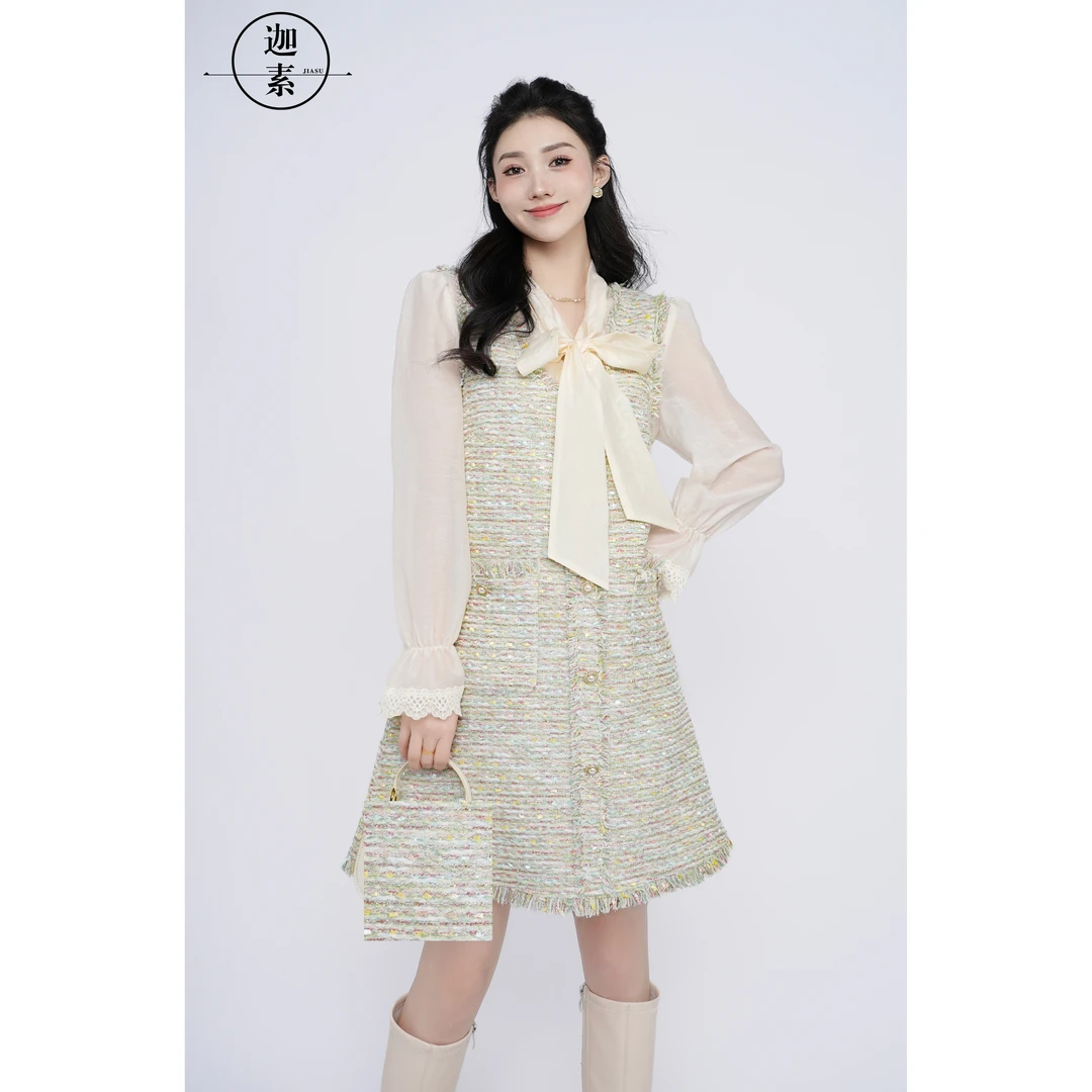 迦素JIASU 【莫奈花园】2024春季小香风编织娃娃裙系带领套装S307